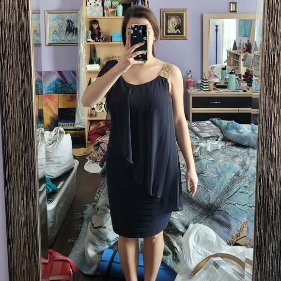 Navy Blue Formal Dress with Gold Chain Link Strap Fits Like Size 8 - Picture 3 of 13